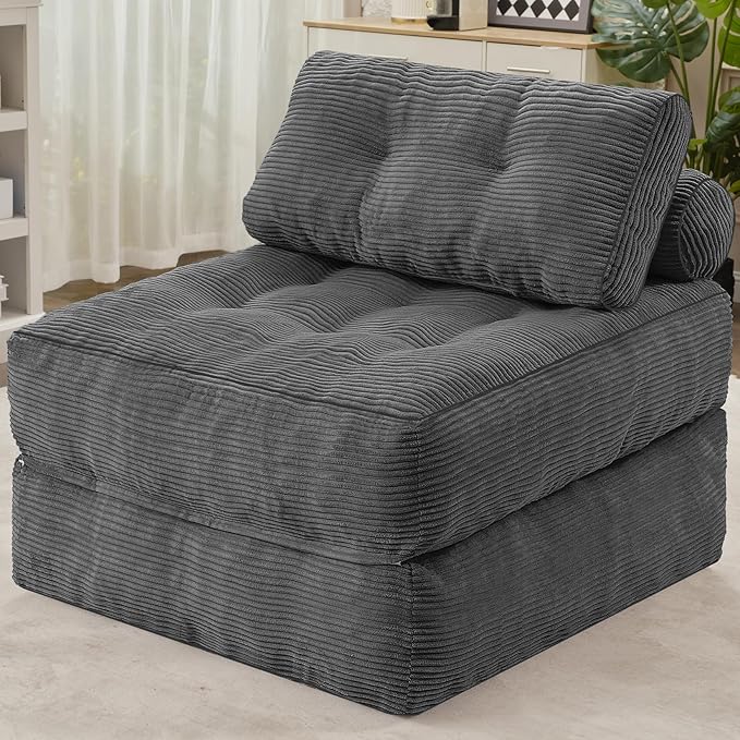 HABUTWAY Folding Sofa Bed, Convertible Sleeper Chair Bed w/Dual-Pillow & Handle, Foldable Floor Sofa Lounge w/Back Support for Living Room, Bedroom, Apartment, Office, Grey