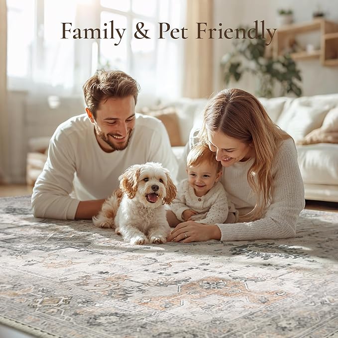 GENIMO Runner Rug 3x7, Non Slip Vintage Hallway Runner Rugs, Low Pile Lightweight Machine Washable Mat for Hallway, Entryway, Bedroom, Kitchen and Corridor, Light Taupe Brown