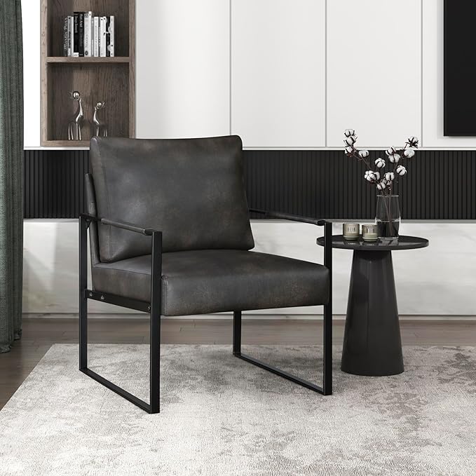 Lexicon Modern Accent Chair, Faux Leather Upholstered Living Room Chair With Wrapped Armrests, Arm Chair With Black Metal Frame,Comfy Single Chair For Living Room/Bedroom/Reading Room/Office,Dark Grey