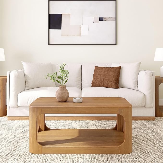 Plank+Beam Small Forma Coffee Table, Solid Wood 40 Inch Modern Coffee Table with Shelf, Contemporary Center Table with Storage Space, Rectangle Tea Table with Storage, Pecan