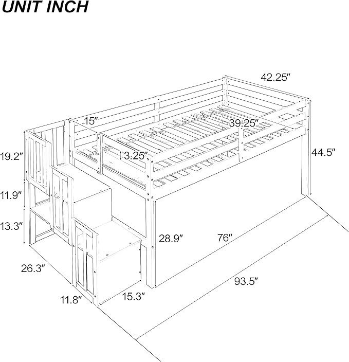 HomSof Loft Bed with Stairs and Storage,White
