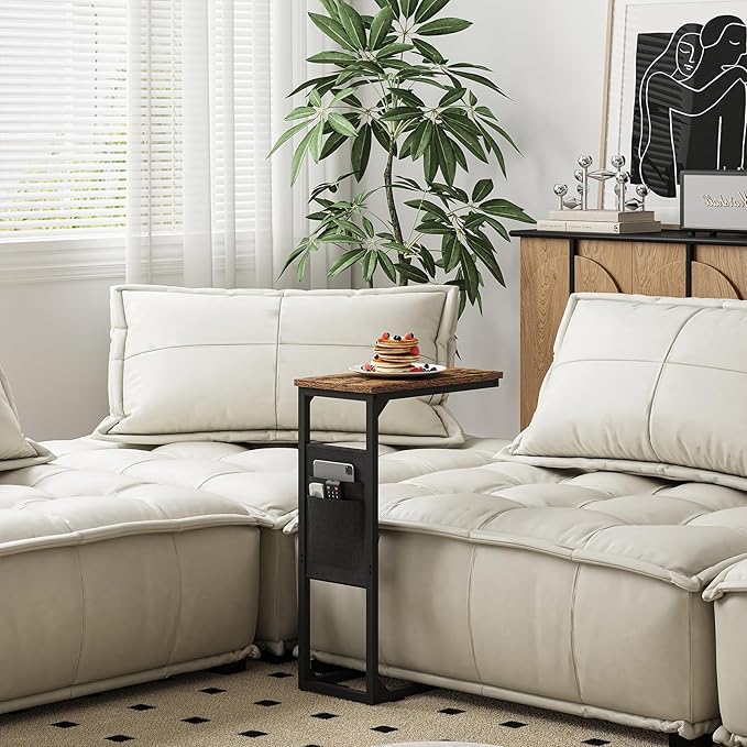 TUTOTAK C Shaped End Table, Side Table for Couch, Sofa Table with Storage Bag, TV Tray for Living Room, Bedroom, Brown TB01BB0822