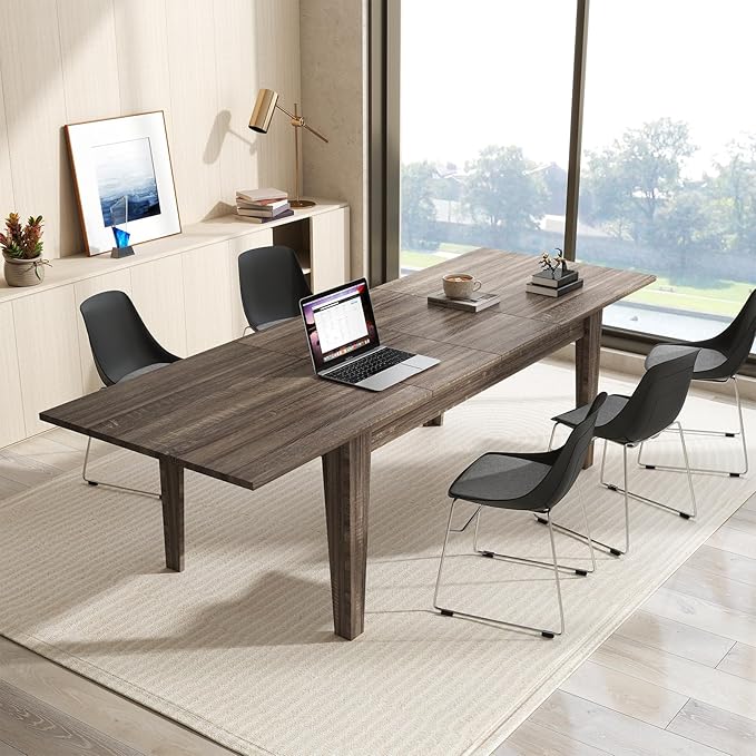 Expandable Dining Table, Large Wood Dining Table for 6-12, 70.87"-106.5" Modern Rectangular Long Kitchen Table with Metal Track for Kitchen, Living Room, Office-Brown