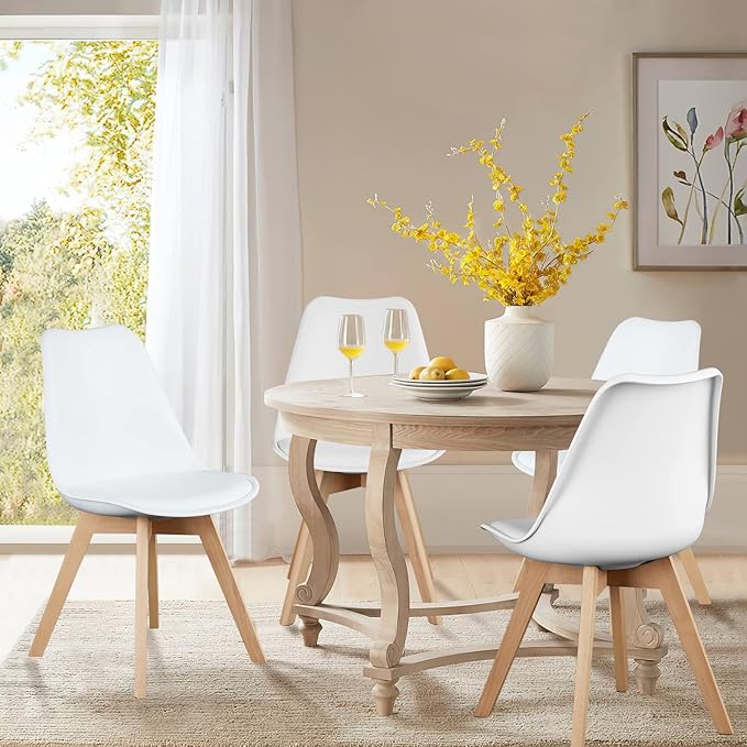 OLIXIS Set of 4 Dining Kitchen Mid-Century Modern Chairs with Wood Legs and PU Leather Cushion for Living Room Bedroom Outdoor Lounge, White