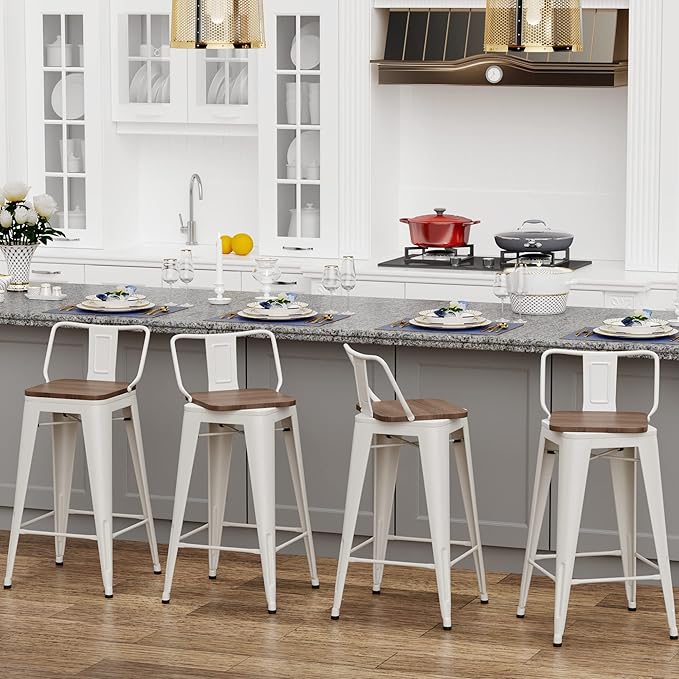 30 Inch Swivel Bar Stools Set of 4 with Backs Counter Height Industrial Metal Barstools Island Bar Chairs for Home Kitchen Dining Room (Swivel 30 inch, White Wooden)