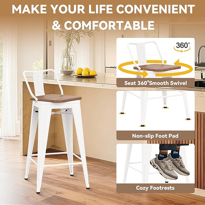 24 Inch Swivel Bar Stools Set of 4 with Backs Counter Height Industrial Metal Barstools Island Bar Chairs for Home Kitchen Dining Room (Swivel 24 inch, White Wooden)