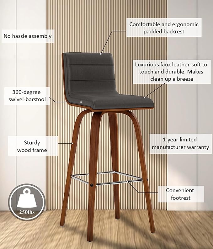 Vienna 30" Swivel Bar Stool in Walnut Wood Finish with Gray Faux Leather - Set of 4