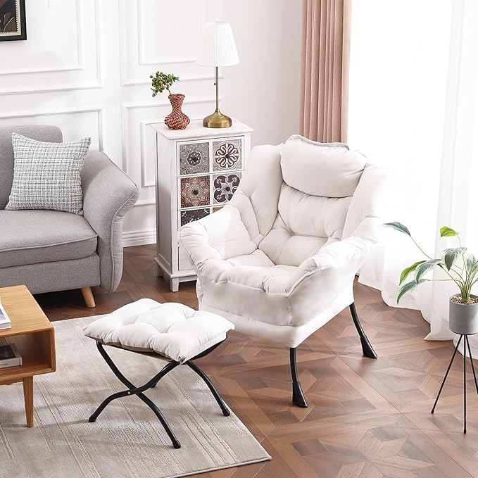 Lazy Chair with Ottoman, Modern Reading Lounge Accent Chair with Armrests and a Side Pocket, Leisure Upholstered Lazy Sofa Set with Footrest for Small Space, Beige
