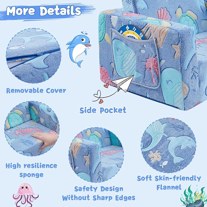 Toddler Chair Comfy,2-in-1 Soft Toddler Couch Fold Out for Kids,Convertible Sofa to Lounger,Gift for Girls and Boys Birthday,Ocean