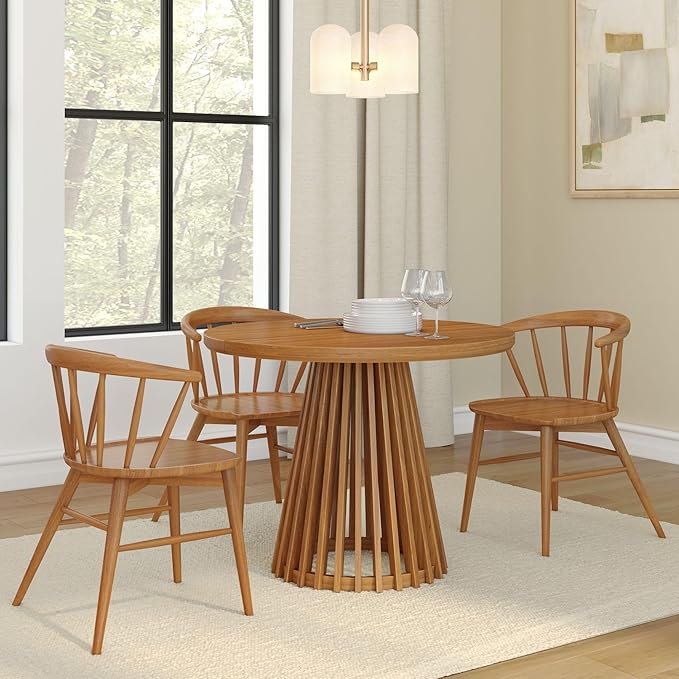 Plank+Beam Lido Round Dining Table, 38", Wooden, Pedestal, Minimalist Kitchen Table for 4 for Dining Room, Pecan