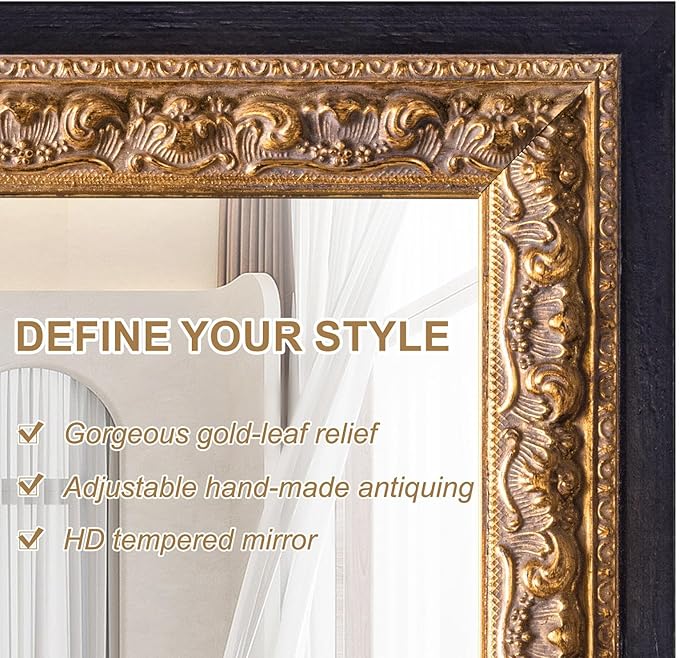 Small French Antique Mirror, 14”x11” Black Vintage Table Mirror for Vanity with Handmade Aging Foil Flower Petal Carvings Wooden Frame (Black and Gold, 14”x11”)