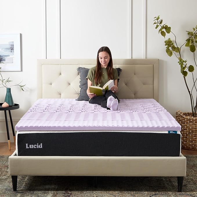 Lucid Lavender Infused 2 Inch Memory Foam Mattress Topper - King Size - Plush Feel - 5 Convoluted Zones - CertiPUR Certified - New Home Owner & Dorm Room Essentials