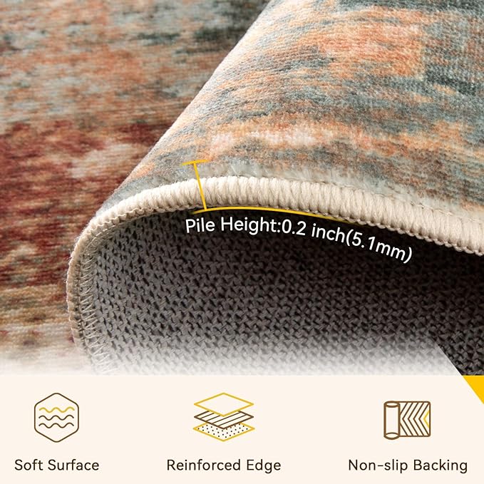 Washable Area Rugs 4ft Non-Slip Modern Abstract Soft for Living Room Entryway Bedroom Nursery, Print Pattern, Brown Rust Red Multi
