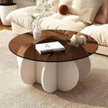 Round Coffee Table, Modern Glass Coffee Table for Living Room, Unique White Center Table with Tempered Glass Top & Solid Wood Legs, Circle Amber Accent Table for Small Spaces