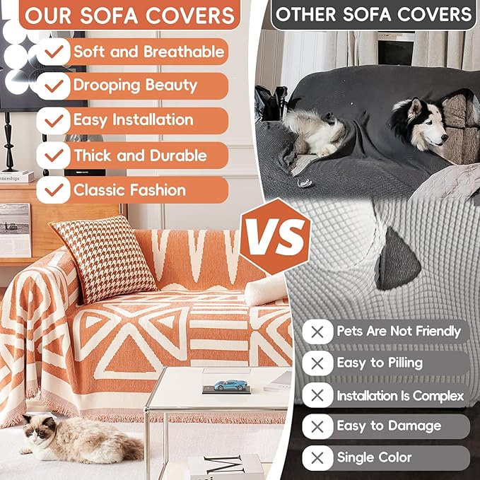 STACYPIK Thick Warm Orange Sofa Cover Armchair Slipcovers Boho Geometric Couch Cover for Sectional Sofa Caramel Loveseat Cover Anti-Slip Chenille Couch Protector for 2 Cushion Couch Home Decor-71X90IN