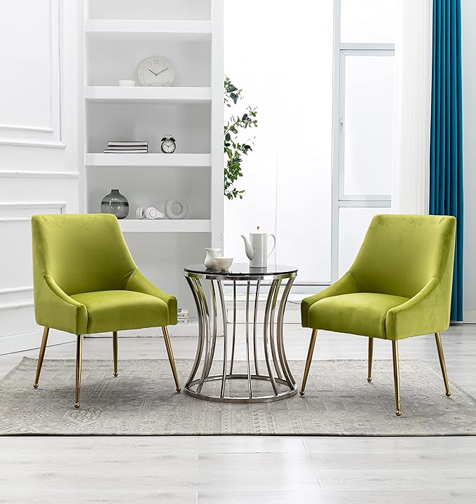 Velvet Dining Chairs, Furniture Collection Modern Contemporary Upholstered with Polished Gold Metal Legs, Set of 4(Yellow Green)