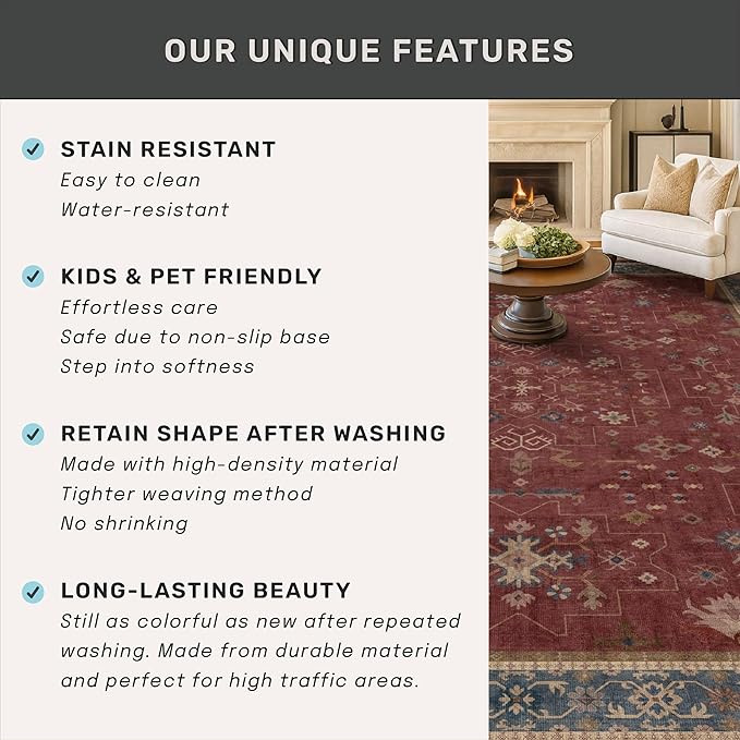 Oriental 9x12 Soft Rugs for Living Room - Dark Red Rugs for Bedroom Aesthetic, Dining Room Under Kitchen Table, Washable Soft Non Slip Large Area Vintage Décor