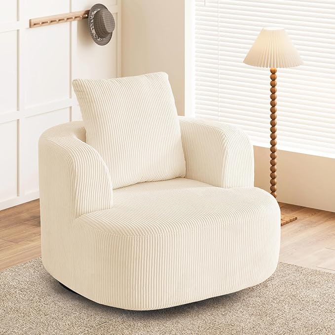 Furnimart 360° Swivel Barrel Accent Chair, Round Upholstered Comfy Lounge Chair, 34“ Corduroy High-Resilienc Foam Single Sofa, No Assembly Wide Seat for Living Room, Bedroom, Apartment (Beige)