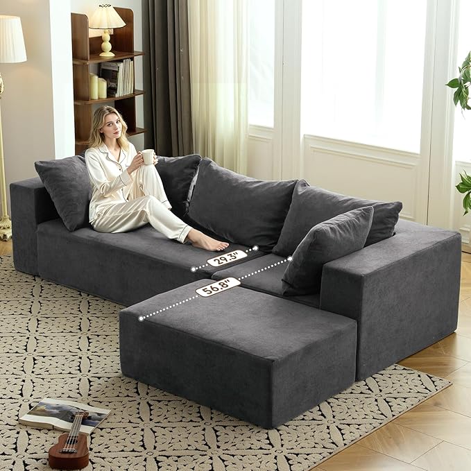 Vamcheer Modular Sectional Sofa with Chaise, Modern L Shaped Cloud Couch with Deep Seat, Sectional Couches for Living Room, Bedroom, Office, No Assembly Required, Gray