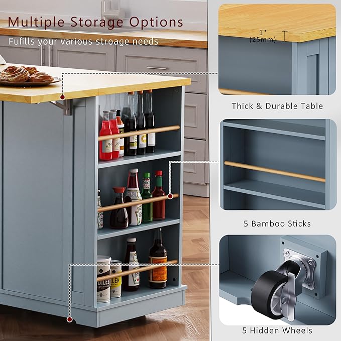 53" Large Kitchen Island Set with 2 Bar Stools, Power Outlet & Storage, Drop Leaf, 3 Drawers & 5 Open Racks, Grey Blue