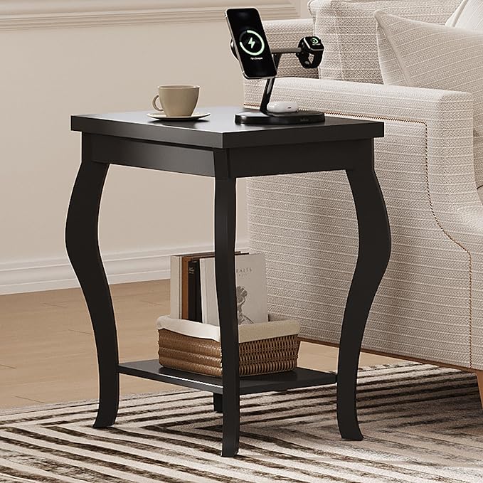 ChooChoo End Tables Living Room, Side Tables Living Room with Curved Legs and Storage Shelf, Small End Tables for Small Spaces, Black