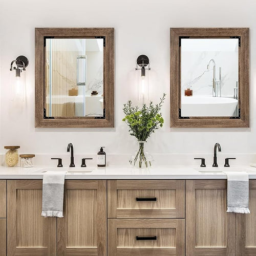 28"x36" Solid Wood Bathroom Mirror Tempered Glass for Wall Mounted, Rustic Wood Frame Wall Mirror Decorative for Living Room Bedroom Vanity Mirror, Rustic Brown