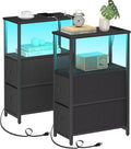 TUTOTAK Small Narrow LED End Table with Charging Station, Side Table Outlets, Nightstand with 2 Cloth Drawers, Set of 2, Couch Table, for Living Room, Bedroom, Bedside, Black TB01BK056