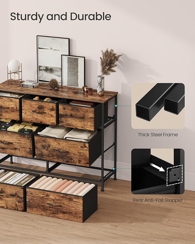 SONGMICS Dresser for Bedroom, Chest of Drawers, TV Stand, Steel, MDF, 7 Non-Woven Fabric Drawers, Storage Organizer Unit, Closet, Entryway, Rustic Brown and Ink Black ULGS323B02S