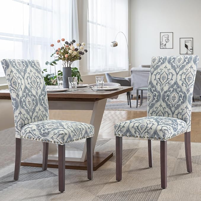 COLAMY Upholstered Parsons Dining Chairs Set of 2, Fabric Dining Room Kitchen Side Chair with Nailhead Trim and Wood Legs - Blue/White Flower