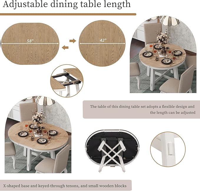 Ball & Cast 5 Piece Dining Table Set with 4 Upholstered Curved Legs Chairs,Living Room Furniture W/ 43" Round Extendable Desk,for Restaurant,Home Bistro,Oak Natural Wood + Antique White