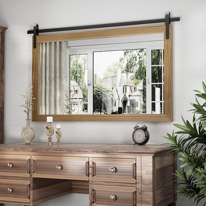 Brown Farmhouse Mirror for Wall, 40x26INCH Large Wood Framed Square Bathroom Mirrors for Vanity, Barn Door Style Mirrors Wall Mounted Dresser Decor Mirror Living Room Bedroom Horizontal