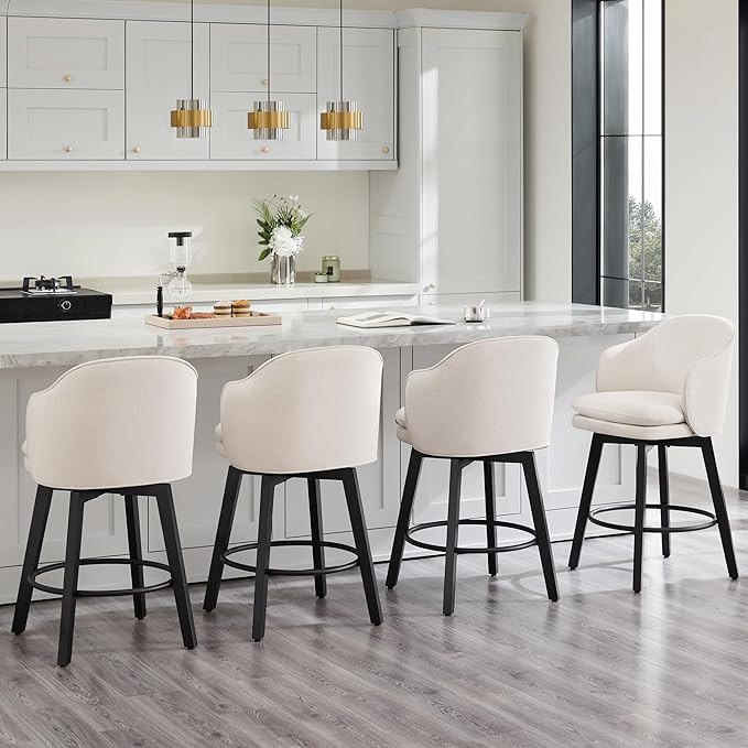 Counter Height Barstools 26 inch Upholstered Swivel Bar Stools with Back and Wood Legs for Kitchen Island,Set of 2,Beige Fabric