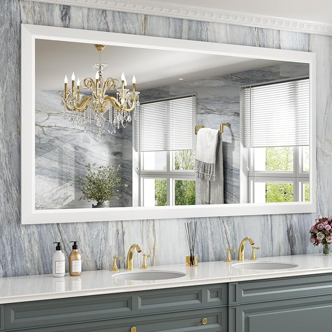Amorho Bathroom Mirror, 72 X36 Inch White Thick Metal Framed Wall Mirrors for Over 2 Sinks, Bedroom, Living Room, Entryway, Large Rectangle Wall-Mounted Mirrors.