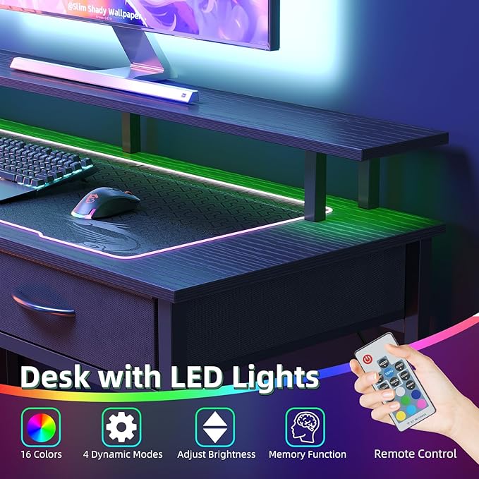 Computer Desk with 5 Drawers, Gaming Desk with LED Lights Power Outlets and Type-C, 39 Inch Office Desk with Storage, Monitor Stand, Writing Desk Work Table for Home Office, Small Spaces, Black