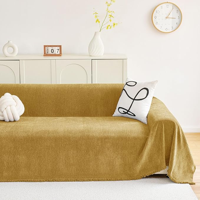 hyha Couch Cover for Dogs, Boho Sofa Covers for 3 Cushion Couch Washable, Chenille Sofa Slipcover for Pets, Soft Loveseat Sectional Couch Throw Blankets with Tassels (Yellow, 88.5x118 Inch)