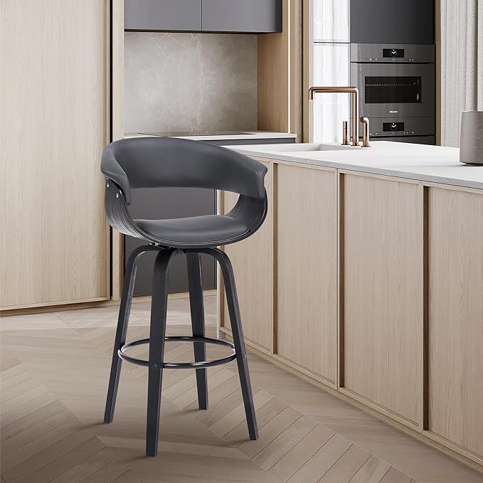 Armen Living Julyssa Mid Century Modern Swivel Bar Stool for Kitchen Island Counter in Gray Faux Leather and Black Wood, 26" Seat Height