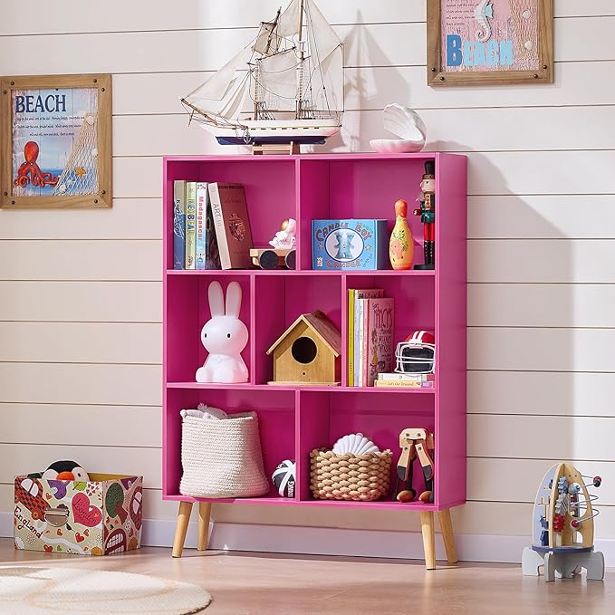 LEYAOYAO 7 Cube Bookshelf,3 Tier Book Shelf with Legs,Pink Modern Bookshelf,Large Freestanding Open Toy Modern Bookshelves,Display Bookcases Decor Furniture for Nursery