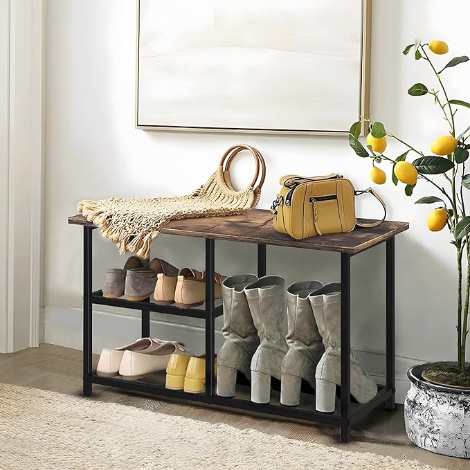 Rustic Wood Bench with 3-Tier Shoe Rack for Small Spaces - Free Standing Shoe Storage Shelf with Boot Organizer