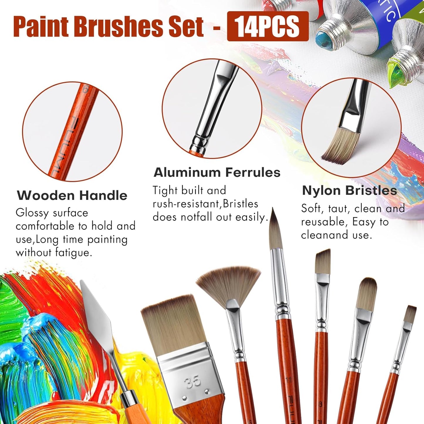 14pcs Acrylic Paint Brushes, Professional Synthetic Bristles Paint Brush Set with Extra Palette Knife - Flat, Filbert, Fan, Dagger, Round, Angle, Rigger Paint Brushes for Oil, Acrylic Canvas Paintings