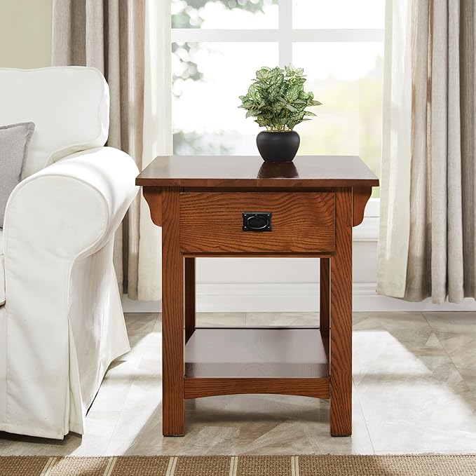 Leick Home Mission End Table, Solid Wood, 1 Storage Drawer, Additional Secret Compartment, Bottom Display Shelf, Easy-Assembly, Medium Oak, 20 in L x 24 in W x 24 in H, 8222-SC