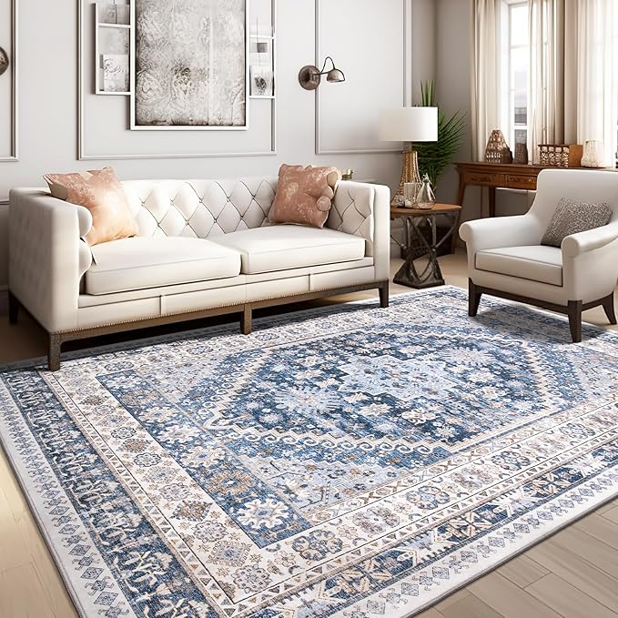 zesthome 3x5 Rug Ultra Soft Washable Rug, Non Slip Area Rug Indoor Entrance, Stain Resistant Rugs for Living Room Bedroom, Vintage Home Decor Area Rugs (Blue/Beige,3'x5')