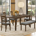 6-Piece Solid Wood Dining Table Set, Includes 1 Dining Table, 4 Upholstered Chairs and 1 Bench, Wooden Legs Dining Table Set for Dining Room, Kitchen, Restaurant, Walnut