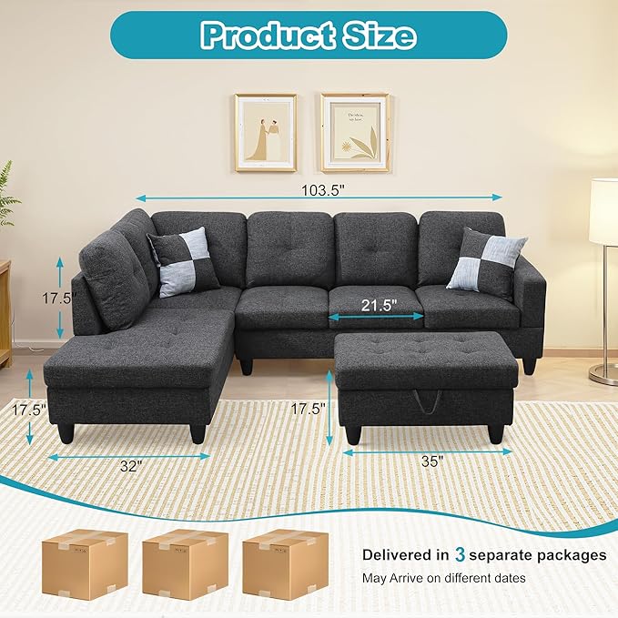 L Shaped Couch Modern Sectional Couch Upholstered Flannel Fabric 3 Pieces Sofas for Living Room with Chaise, Storage Ottoman for Office and Small Apartment, Black Grey