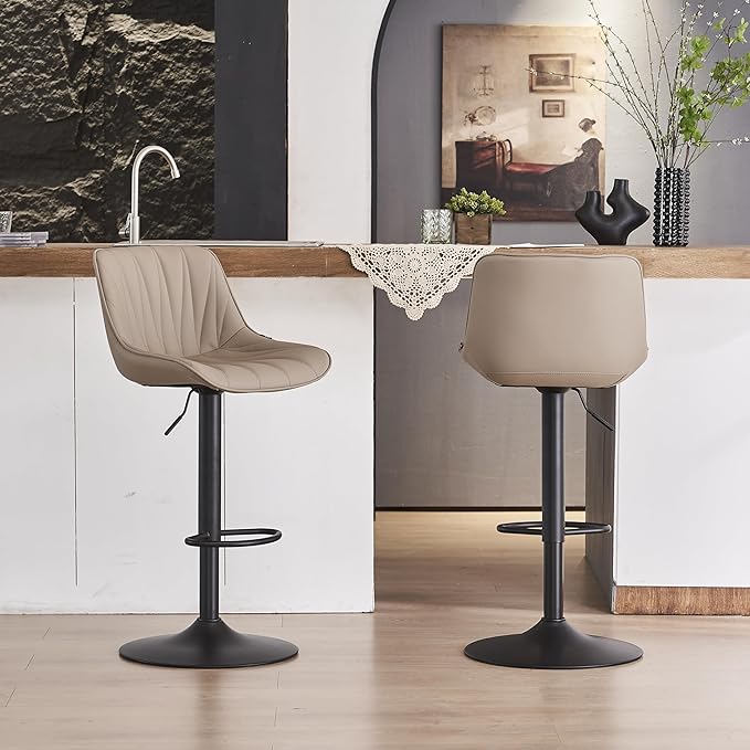 YOUNIKE Bar Stools Set of 2 for Kitchen Island, Khaki Swivel Tall Barstools, Adjustable Bar Stool with Back, Faux Leather Padded Bar Chairs, Modern Counter Height Stools with 300LBS Support