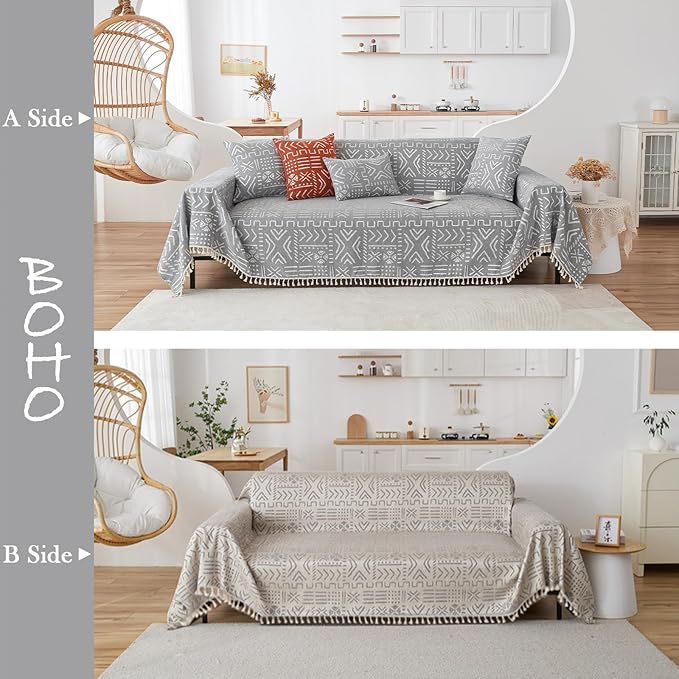 HANDONTIME Bohemian Couch Cover - Grey & White Aztec Tribal Pattern for 3 Cushion Couch, Aesthetic Tassel Sofa Slipcover, Universal Size, 71" X134"