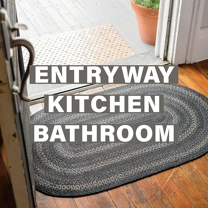 Jet Black Small Oval Rug 20x30 - Primitive Oval Braided Rugs for Kitchen and Entryways
