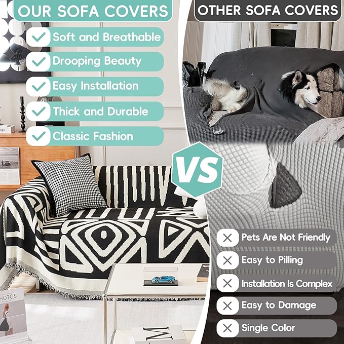 STACYPIK Boho Black Beige Couch Cover Wrinkle Resistant Sofa Cover for Cat Dog Geometric L Shaped Slipcover for Sectional Multi-Use Pet Protector for 2 Cushion Couch Tassels Recliner Cover-71x118IN