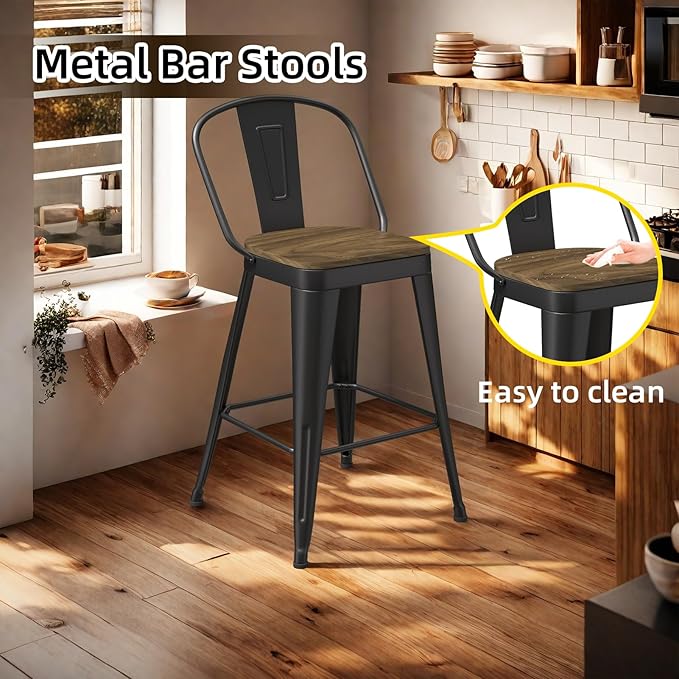 Metal Bar Stools Set of 4, High Back Bar Stools with Wooden Seat, 26 inch Black Barstools for Kitchen Island