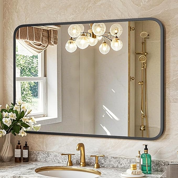 22"×30" Bathroom Mirror for Wall, Modern Bathroom Vanity Mirror, Black Bathroom Mirrors for Over Sink with Metal Framed HD Tempered Glass Hangs Horizontally or Vertically
