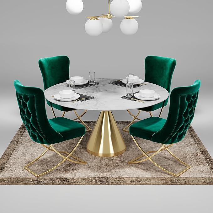 Ottomanson Royal Dining Chairs Set of 4 – Upholstered Tufted Microfiber, Assembled, Gold Metal Legs, Beech Wood Frame, 350 lb Capacity, Green